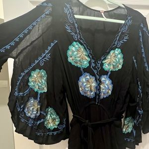 Free People Black Embroidered Flowers Tunic